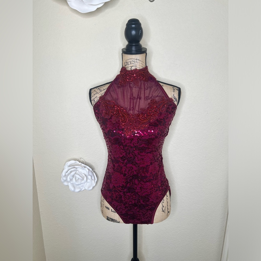 NTM: Art Stone Burgundy Sequin Dance Costume Bodysuit Halter Lace Mesh Wear Sz S